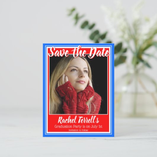 Rood wit en blauw sparen het Afstuderen van de Dat Aankondigingskaart (Staand voorkant)