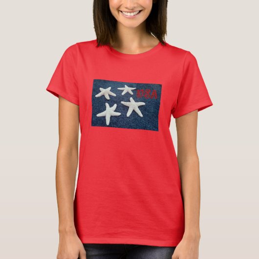 Rood wit en blauw Starfish Gepangleerd T-shirt (Voorkant)