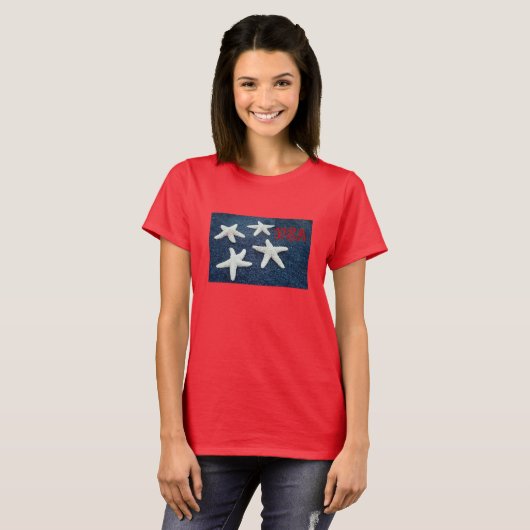 Rood wit en blauw Starfish Gepangleerd T-shirt (Voorkant volledig)