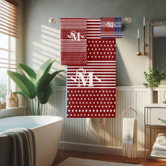 Rood Wit en Blauw Thema Sterren & Strepen Monogram Bad Handdoek