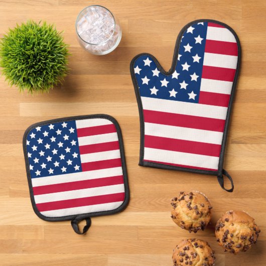 Rood Wit en Blauw USA Vlag Sterren Strepen Ovenwant & Pannenlap Set (Top down)