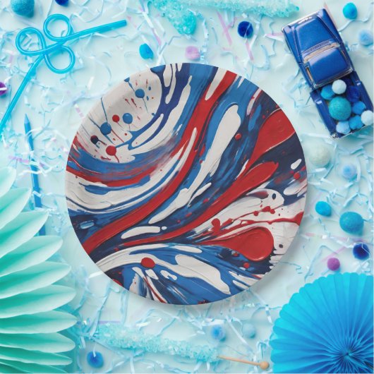 Rood wit en blauw verf giet werveling papieren bordje (Feest)