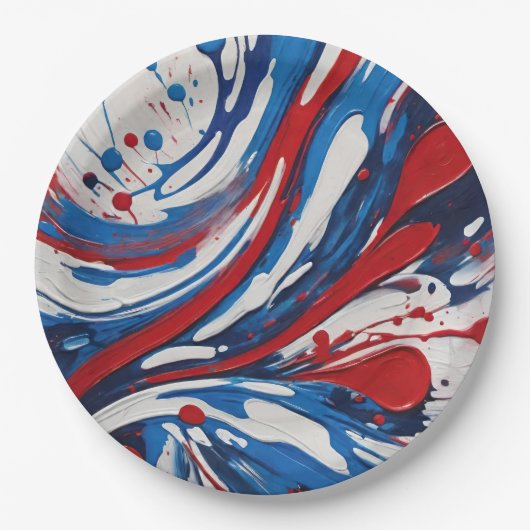 Rood wit en blauw verf giet werveling papieren bordje (Voorkant)