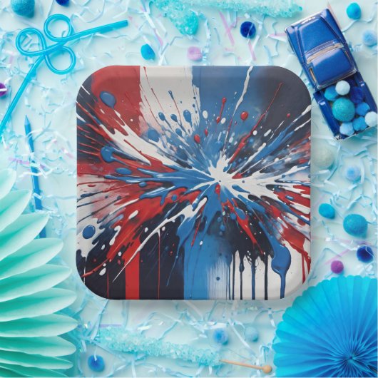 Rood wit en blauw verf spatten en druppels papieren bordje (Feest)
