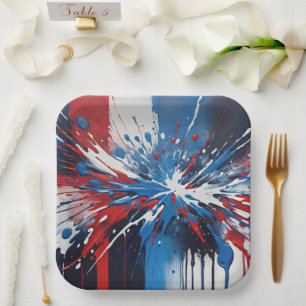 Rood wit en blauw verf spatten en druppels papieren bordje