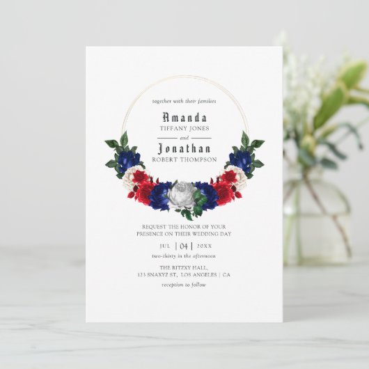 Rood Wit en Blauw Vierde Juli Wedding Kaart (Staand voorkant)