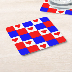 Rood, wit en blauw vierkant met rood hart kartonnen onderzetters
