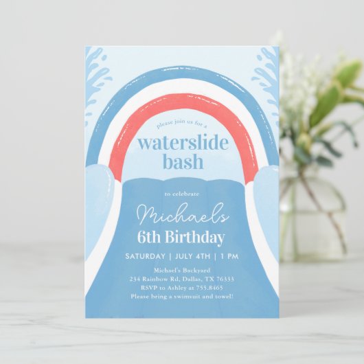 Rood Wit En Blauw Waterglijbaan Bash Zomer Verjaar Kaart (Staand voorkant)