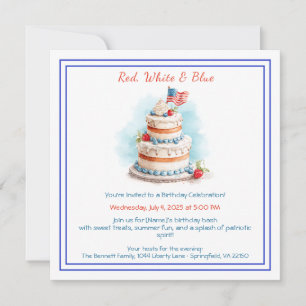 Rood wit en blauw Waterverf verjaardagsuitnodiging Feestdagenkaart