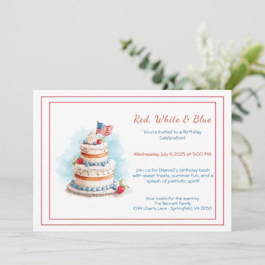 Rood wit en blauw Waterverf verjaardagsuitnodiging Kaart (Staand voorkant)