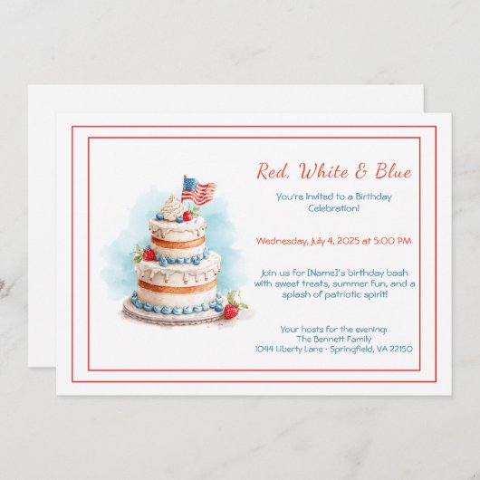 Rood wit en blauw Waterverf verjaardagsuitnodiging Kaart (Voorkant / Achterkant)