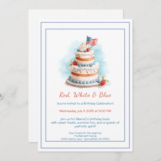 Rood wit en blauw Waterverf verjaardagsuitnodiging Kaart (Voorkant / Achterkant)
