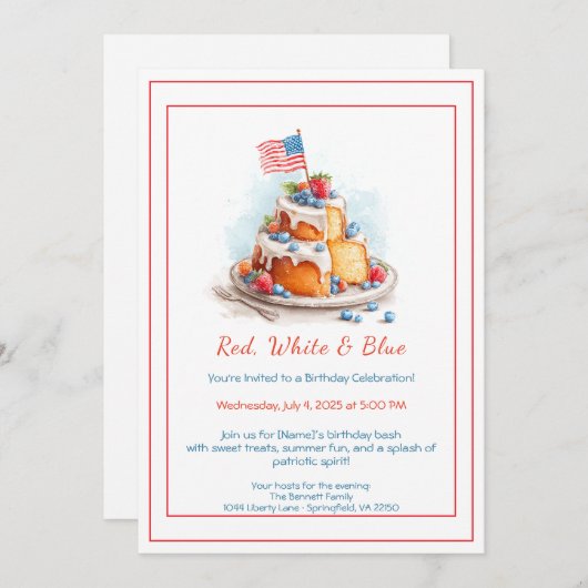 Rood wit en blauw Waterverf verjaardagsuitnodiging Kaart (Voorkant / Achterkant)