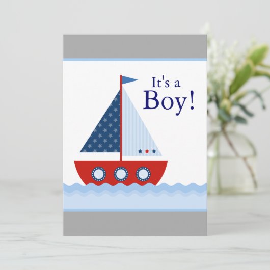 Rood Wit en Blauw Zeilboot Baby Boy Douche Kaart (Staand voorkant)