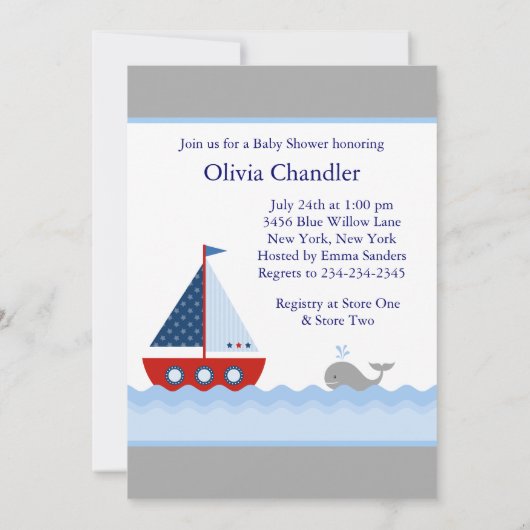Rood Wit en Blauw Zeilboot Baby Boy Douche Kaart (Achterkant)