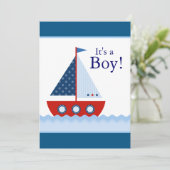 Rood Wit en Blauw Zeilboot Baby Boy Douche Kaart (Staand voorkant)