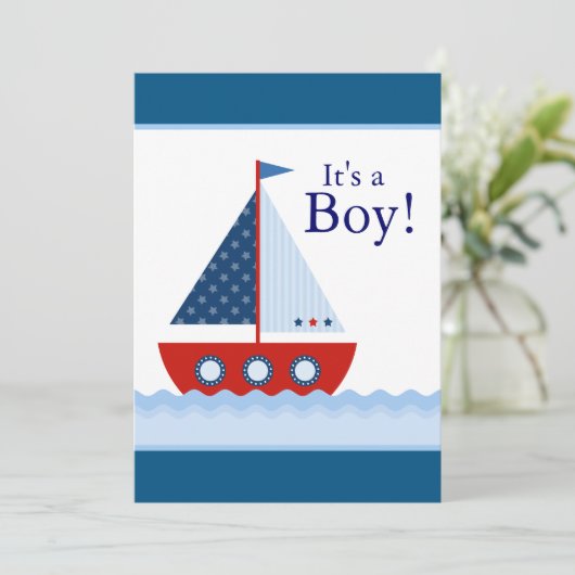 Rood Wit en Blauw Zeilboot Baby Boy Douche Kaart (Staand voorkant)