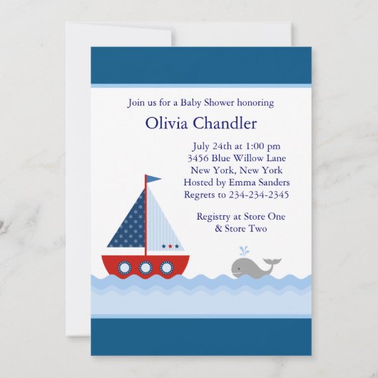 Rood Wit en Blauw Zeilboot Baby Boy Douche Kaart (Achterkant)