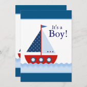 Rood Wit en Blauw Zeilboot Baby Boy Douche Kaart (Voorkant / Achterkant)