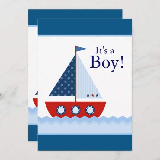 Rood Wit en Blauw Zeilboot Baby Boy Douche Kaart (Voorkant / Achterkant)