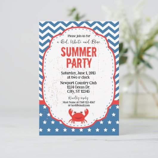 Rood, Wit en Blauw Zomerfeestuitnodiging Kaart (Staand voorkant)