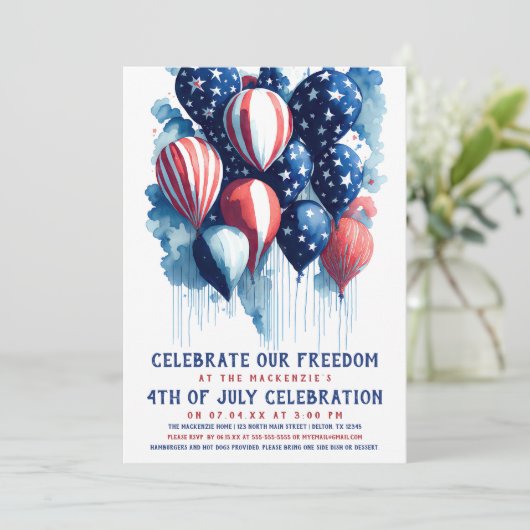 Rood Wit en Blauwe Ballon 4 juli Feestje Kaart (Staand voorkant)