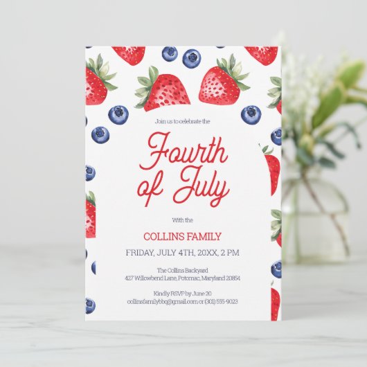 Rood wit en blauwe bessen 4 juli zomerfeest kaart (Staand voorkant)