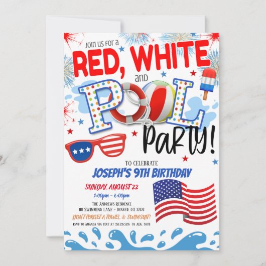 Rood Wit en Blauwe Zwembad Feest Uitnodiging (Voorkant)