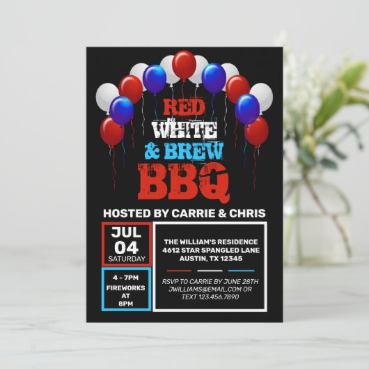 Rood, wit en Brew BBQ 4 juli Partij Kaart (Staand voorkant)