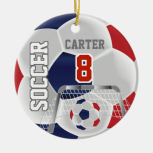 Rood, wit en donkerblauw Aanpassen Voetbal ⚽ Keramisch Ornament