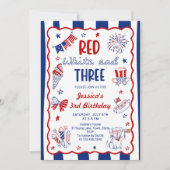 Rood Wit en Drie 3e verjaardagsuitnodiging Kaart (Voorkant)