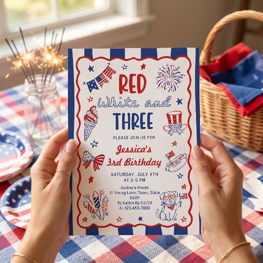 Rood Wit en Drie 3e verjaardagsuitnodiging Kaart