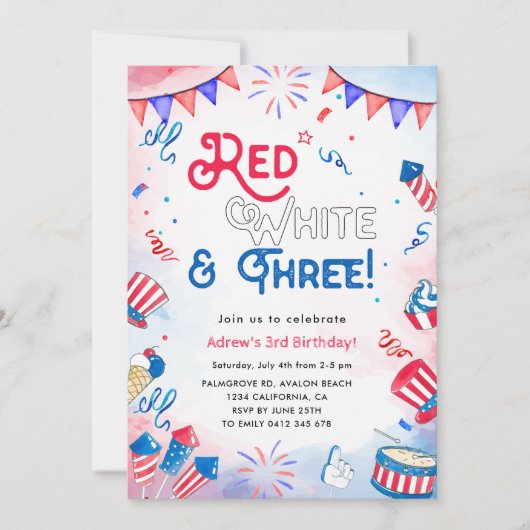 Rood, wit en drie - 4th of July 3rd Birthday Kaart (Voorkant)