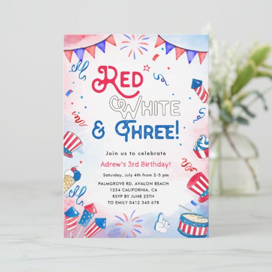 Rood, wit en drie - 4th of July 3rd Birthday Kaart (Staand voorkant)