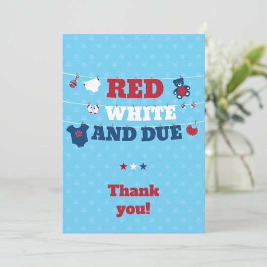 Rood wit en due Baby shower diline op 4 juli Bedankkaart (Staand voorkant)