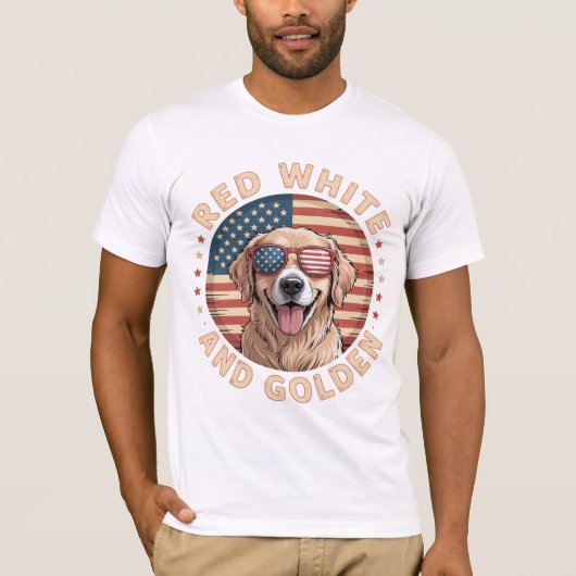 Rood wit en Golden Retriever hond patriottisch T-shirt (Voorkant)