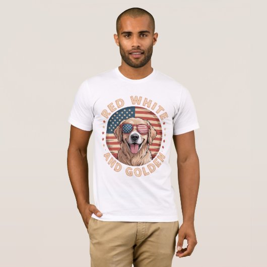 Rood wit en Golden Retriever hond patriottisch T-shirt (Voorkant volledig)
