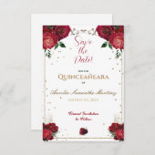 Rood, wit en goud Quinceañera Save the Date (Voorkant / Achterkant)