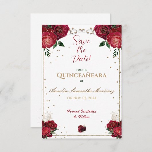 Rood, wit en goud Quinceañera Save the Date (Voorkant / Achterkant)