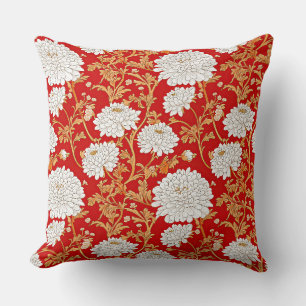 Rood Wit en Gouden Japans Chrysanthemum Bloemmotie Kussen