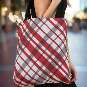 Rood wit en grijs Diagonaal Tartanje geplakt Tote Bag