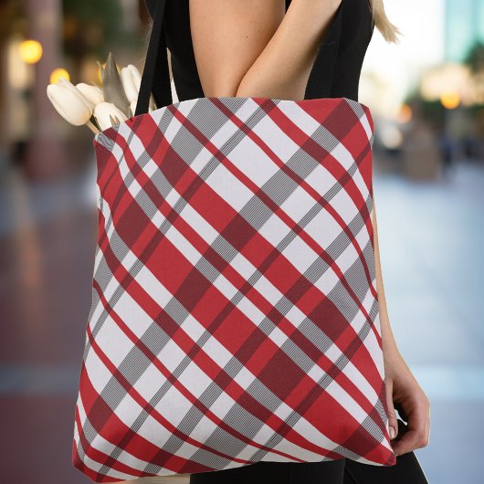Rood wit en grijs Diagonaal Tartanje geplakt Tote Bag