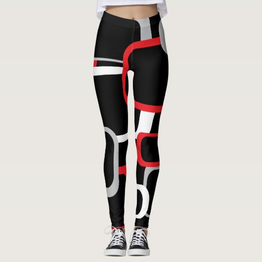 Rood wit en grijs Retro Squares Black Achtergrond Leggings (Voorkant)