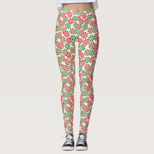 Rood wit en groen draaiend Snoep patroon Leggings (Voorkant)