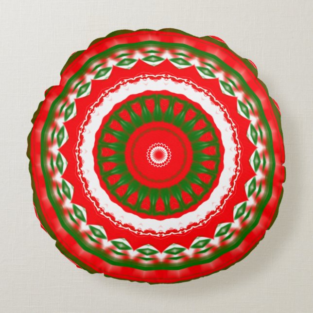 Rood, wit en groen Mandala Rond Kussen (Voorkant)