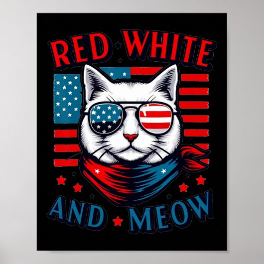 Rood wit en miauw kat Amerikaanse vlag 4th van jul Poster (Voorkant)