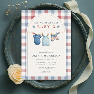 Rood Wit en Op Komst Baby-Q Geruite Baby Shower Kaart