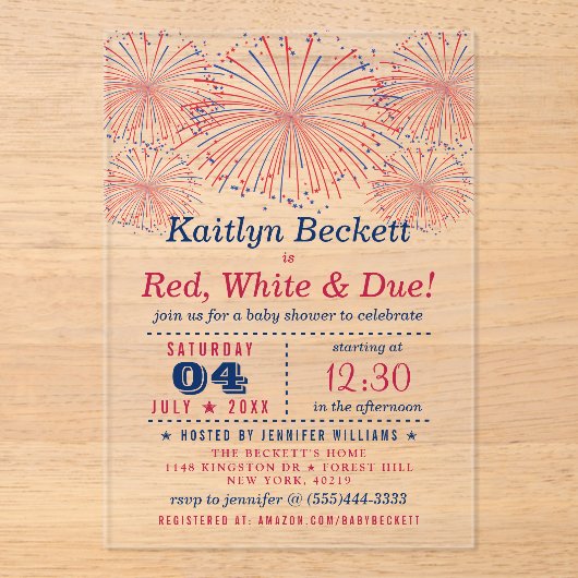 Rood, wit en opeisbaar | 4 juli Baby shower Acryl Uitnodigingen (Voorkant)