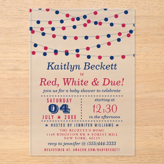 Rood, wit en opeisbaar | 4 juli Baby shower Acryl Uitnodigingen (Voorkant)