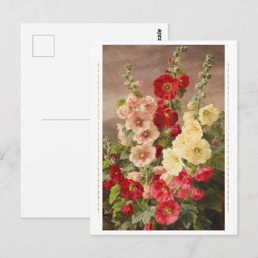 Rood, wit en roze hollyhocks, Christensen Briefkaart (Voorkant / Achterkant)